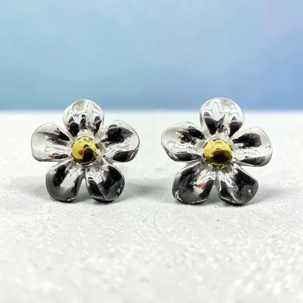 Daisy Stud Earrings 925 Sterling Silver Small Flowers Brass Accents